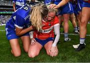 31 July 2022; Laois goalkeeper Eimear Barry celebrates with teammate Sarah Anne Fitzgerald after their side's victory in TG4 All-Ireland Ladies Football Intermediate Championship Final match between Laois and Wexford at Croke Park in Dublin. Photo by Piaras Ó Mídheach/Sportsfile