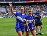 31 July 2022; Laois players Orla Hennessy, left, and Kelly O'Neill after their side's victory in the TG4 All-Ireland Ladies Football Intermediate Championship Final match between Laois and Wexford at Croke Park in Dublin. Photo by Piaras Ó Mídheach/Sportsfile