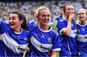 31 July 2022; Laois players Erone Fitzpatrick, left, and Emma Lawlor celebrate after their side's victory in the TG4 All-Ireland Ladies Football Intermediate Championship Final match between Laois and Wexford at Croke Park in Dublin. Photo by Piaras Ó Mídheach/Sportsfile