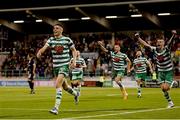 4 August 2022; Gary O'Neill of Shamrock Rovers celebrates after scoring his side's third goal during the UEFA Europa League third qualifying round first leg match between Shamrock Rovers and Shkupi at Tallaght Stadium in Dublin. Photo by Eóin Noonan/Sportsfile