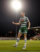 4 August 2022; Gary O'Neill of Shamrock Rovers celebrates after scoring his side's third goal during the UEFA Europa League third qualifying round first leg match between Shamrock Rovers and Shkupi at Tallaght Stadium in Dublin. Photo by Eóin Noonan/Sportsfile