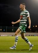 4 August 2022; Gary O'Neill of Shamrock Rovers celebrates after scoring his side's third goal during the UEFA Europa League third qualifying round first leg match between Shamrock Rovers and Shkupi at Tallaght Stadium in Dublin. Photo by Eóin Noonan/Sportsfile