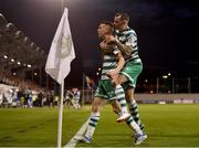 4 August 2022; Gary O'Neill of Shamrock Rovers celebrates with teammate Sean Kavanagh after scoring his side's third goal during the UEFA Europa League third qualifying round first leg match between Shamrock Rovers and Shkupi at Tallaght Stadium in Dublin. Photo by Eóin Noonan/Sportsfile