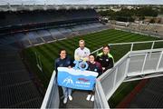 5 August 2022; Dublin ladies footballer Hannah Tyrrell, left, with Limerick hurler Cian Lynch, Galway camogie player Ailish O’Reilly and Tyrone footballer on the Skyline in Croke Park, Dublin as the GAA Museum celebrates 10 years of the Kellogg's Skyline Tours. For a full list of events over the coming months, visit www.crokepark.ie/skyline. Photo by David Fitzgerald/Sportsfile