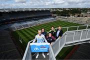 5 August 2022; Croke Park Stadium Director Peter McKenna, right, with, from left, Limerick hurler Cian Lynch, Dublin ladies footballer Hannah Tyrell, Galway camogie player Ailish O’Reilly and Tyrone footballer Kieran McGeary on the Skyline in Croke Park, Dublin as the GAA Museum celebrates 10 years of the Kellogg's Skyline Tours. For a full list of events over the coming months, visit www.crokepark.ie/skyline. Photo by David Fitzgerald/Sportsfile