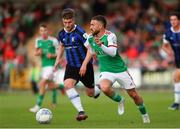 5 August 2022; Dylan McGlade of Cork City in action against Cian Kelly of Athlone Town  during the SSE Airtricity League First Division match between Cork City and Athlone Town at Turners Cross in Cork. Photo by Michael P Ryan/Sportsfile