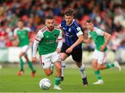 5 August 2022; Dylan McGlade of Cork City in action against Cian Kelly of Athlone Town  during the SSE Airtricity League First Division match between Cork City and Athlone Town at Turners Cross in Cork. Photo by Michael P Ryan/Sportsfile