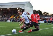 5 August 2022; Greg Sloggett of Dundalk is tackled by Sadou Diallo of Derry City during the SSE Airtricity League Premier Division match between Dundalk and Derry City at Oriel Park in Dundalk, Louth. Photo by Ben McShane/Sportsfile