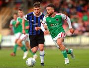5 August 2022; Dylan McGlade of Cork City in action against Cian Kelly of Athlone Town  during the SSE Airtricity League First Division match between Cork City and Athlone Town at Turners Cross in Cork. Photo by Michael P Ryan/Sportsfile