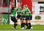 6 August 2022; Alannah McEvoy of Peamount United, centre, celebrates with teammates after scoring their side's first goal during the 2022 EVOKE.ie FAI Women's Cup Quarter-Final match between Shelbourne and Peamount United at Tolka Park in Dublin. Photo by Ben McShane/Sportsfile