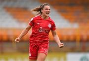 6 August 2022; Jemma Quinn of Shelbourne celebrates after scoring her side's first goal during the 2022 EVOKE.ie FAI Women's Cup Quarter-Final match between Shelbourne and Peamount United at Tolka Park in Dublin. Photo by Ben McShane/Sportsfile