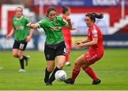 6 August 2022; Dora Gorman of Peamount United in action against Noelle Murray of Shelbourne during the 2022 EVOKE.ie FAI Women's Cup Quarter-Final match between Shelbourne and Peamount United at Tolka Park in Dublin. Photo by Ben McShane/Sportsfile