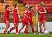 6 August 2022; Jess Gargan of Shelbourne, second from left, celebrates with her teammates after scoring their side's second goal during the 2022 EVOKE.ie FAI Women's Cup Quarter-Final match between Shelbourne and Peamount United at Tolka Park in Dublin. Photo by Ben McShane/Sportsfile