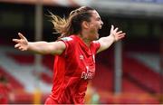 6 August 2022; Jemma Quinn of Shelbourne celebrates after scoring her side's third goal during the 2022 EVOKE.ie FAI Women's Cup Quarter-Final match between Shelbourne and Peamount United at Tolka Park in Dublin. Photo by Ben McShane/Sportsfile