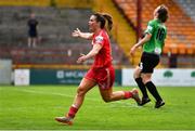 6 August 2022; Jemma Quinn of Shelbourne celebrates after scoring her side's third goal during the 2022 EVOKE.ie FAI Women's Cup Quarter-Final match between Shelbourne and Peamount United at Tolka Park in Dublin. Photo by Ben McShane/Sportsfile