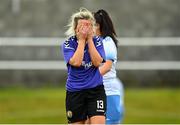 6 August 2022; Aleisha Cullen of Wexford & District Women's League reacts after failing to convert a chance on goal during the FAI Women's Angela Hearst InterLeague Cup Final match between Wexford & District Women's League and Eastern Women's Football League at Arklow Town FC, in Wicklow. Photo by Seb Daly/Sportsfile