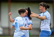 6 August 2022; Jess Hunt of Eastern Women's Football League, left, celebrates with teammates Leeann Payne, centre, and Courtney Masterson after scoring their side's third goal during the FAI Women's Angela Hearst InterLeague Cup Final match between Wexford & District Women's League and Eastern Women's Football League at Arklow Town FC, in Wicklow. Photo by Seb Daly/Sportsfile
