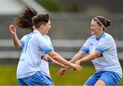 6 August 2022; Jess Hunt of Eastern Women's Football League, left, celebrates with teammate Niamh Carroll after scoring their side's third goal during the FAI Women's Angela Hearst InterLeague Cup Final match between Wexford & District Women's League and Eastern Women's Football League at Arklow Town FC, in Wicklow. Photo by Seb Daly/Sportsfile