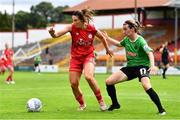 6 August 2022; Jemma Quinn of Shelbourne in action against Dearbhaile Beirne of Peamount United during the 2022 EVOKE.ie FAI Women's Cup Quarter-Final match between Shelbourne and Peamount United at Tolka Park in Dublin. Photo by Ben McShane/Sportsfile