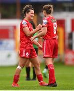 6 August 2022; Keeva Keenan, left, and Rachel Graham of Shelbourne celebrate after their victory in the 2022 EVOKE.ie FAI Women's Cup Quarter-Final match between Shelbourne and Peamount United at Tolka Park in Dublin. Photo by Ben McShane/Sportsfile