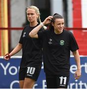 6 August 2022; Aine O'Gorman, right, and Stephanie Roche of Peamount United before the 2022 EVOKE.ie FAI Women's Cup Quarter-Final match between Shelbourne and Peamount United at Tolka Park in Dublin. Photo by Tyler Miller/Sportsfile