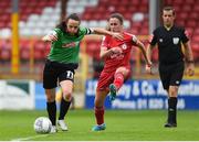 6 August 2022; Aine O'Gorman of Peamount United in action against Heather O'Reilly of Shelbourne during the 2022 EVOKE.ie FAI Women's Cup Quarter-Final match between Shelbourne and Peamount United at Tolka Park in Dublin. Photo by Tyler Miller/Sportsfile