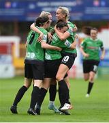 6 August 2022; Alannah McEvoy of Peamount United, centre, is embraced by her teammates after scoring their side's first goal during the 2022 EVOKE.ie FAI Women's Cup Quarter-Final match between Shelbourne and Peamount United at Tolka Park in Dublin. Photo by Tyler Miller/Sportsfile
