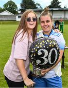 6 August 2022; Eastern Women's Football League captain Laura Chambers, right, celebrates her 30th birthday with supporters after their side's victory in the FAI Women's Angela Hearst InterLeague Cup Final match between Wexford & District Women's League and Eastern Women's Football League at Arklow Town FC, in Wicklow. Photo by Seb Daly/Sportsfile
