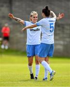 6 August 2022; Ciara Smith, left, and Emma O’Connor of Eastern Women's Football League celebrate after their side's victory in the FAI Women's Angela Hearst InterLeague Cup Final match between Wexford & District Women's League and Eastern Women's Football League at Arklow Town FC, in Wicklow. Photo by Seb Daly/Sportsfile