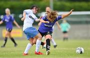 6 August 2022; Hayley Nolan of Wexford & District Women's League in action against Leeann Payne of Eastern Women's Football League during the FAI Women's Angela Hearst InterLeague Cup Final match between Wexford & District Women's League and Eastern Women's Football League at Arklow Town FC, in Wicklow. Photo by Seb Daly/Sportsfile