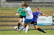 6 August 2022; Chelsey Spain of Eastern Women's Football League in action against Tegan Fortune of Wexford & District Women's League during the FAI Women's Angela Hearst InterLeague Cup Final match between Wexford & District Women's League and Eastern Women's Football League at Arklow Town FC, in Wicklow. Photo by Seb Daly/Sportsfile