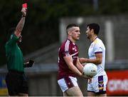 6 August 2022; Rory O'Carroll of Kilmacud Crokes is shown the red card, for a second yellow card offence, by referee Darren Delaney during the Dublin County Senior Club Football Championship Group 1 match between Kilmacud Crokes and Raheny at Parnell Park in Dublin. Photo by Piaras Ó Mídheach/Sportsfile