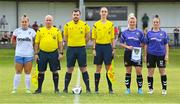 6 August 2022; Match officials, from left, assistant referee Willie O'Brien, referee Cillian O'Reilly and assistant referee Ruben Collins, with team captains Laura Chambers Eastern Women's Football League, left, and Wexford & District Women's League captains Nicola Davitt and Nikki Dunphy before the FAI Women's Angela Hearst InterLeague Cup Final match between Wexford & District Women's League and Eastern Women's Football League at Arklow Town FC, in Wicklow. Photo by Seb Daly/Sportsfile