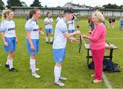 6 August 2022; Veronica Hearst presents medals to Eastern Women's Football League players after the FAI Women's Angela Hearst InterLeague Cup Final match between Wexford & District Women's League and Eastern Women's Football League at Arklow Town FC, in Wicklow. Photo by Seb Daly/Sportsfile