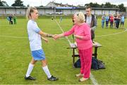 6 August 2022; Veronica Hearst presents medals to Eastern Women's Football League players after the FAI Women's Angela Hearst InterLeague Cup Final match between Wexford & District Women's League and Eastern Women's Football League at Arklow Town FC, in Wicklow. Photo by Seb Daly/Sportsfile