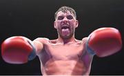 6 August 2022; Sean McComb celebrates defeating Ramiro Blanco during their super-lightweight bout at SSE Arena in Belfast. Photo by Ramsey Cardy/Sportsfile