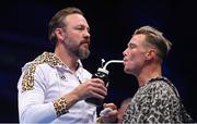 6 August 2022; Paddy Donovan, and his trainer Andy Lee, during his welterweight bout against Tom Hill at SSE Arena in Belfast. Photo by Ramsey Cardy/Sportsfile