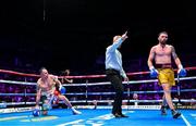 6 August 2022; Marco Antonio Periban recovers from a knock down by Padraig McCrory during their WBC International silver super-middleweight title bout at SSE Arena in Belfast. Photo by Ramsey Cardy/Sportsfile