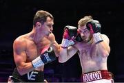 6 August 2022; Kieran Molloy, right, and Evgenii Vazem during their super-welterweight bout at SSE Arena in Belfast. Photo by Ramsey Cardy/Sportsfile