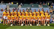7 August 2022; The Antrim panel before the Glen Dimplex All-Ireland Premier Junior Camogie Championship Final match between Antrim and Armagh at Croke Park in Dublin. Photo by Seb Daly/Sportsfile