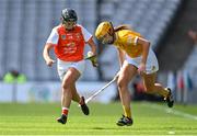 7 August 2022; Ciara Donnelly of Armagh in action against Megan McGarry of Antrim during the Glen Dimplex All-Ireland Premier Junior Camogie Championship Final match between Antrim and Armagh at Croke Park in Dublin. Photo by Seb Daly/Sportsfile