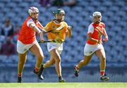 7 August 2022; Emma Laverty of Antrim in action against Tierna Maguire of Armagh during the Glen Dimplex All-Ireland Premier Junior Camogie Championship Final match between Antrim and Armagh at Croke Park in Dublin. Photo by Piaras Ó Mídheach/Sportsfile