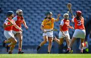 7 August 2022; Emma Laverty of Antrim in action against Armagh players, from left, Eimear Hayes, Tierna Maguire, Eimear O’Kane and Nicola Woods during the Glen Dimplex All-Ireland Premier Junior Camogie Championship Final match between Antrim and Armagh at Croke Park in Dublin. Photo by Piaras Ó Mídheach/Sportsfile