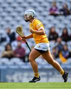 7 August 2022; Dervla Cosgrove of Antrim celebrates scoring her side's second goal during the Glen Dimplex All-Ireland Premier Junior Camogie Championship Final match between Antrim and Armagh at Croke Park in Dublin. Photo by Piaras Ó Mídheach/Sportsfile