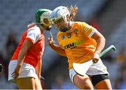 7 August 2022; Dervla Cosgrove of Antrim celebrates scoring her third goal, her side's fourth, during the Glen Dimplex All-Ireland Premier Junior Camogie Championship Final match between Antrim and Armagh at Croke Park in Dublin. Photo by Piaras Ó Mídheach/Sportsfile