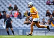 7 August 2022; Dervla Cosgrove of Antrim celebrates scoring her side's second goal during the Glen Dimplex All-Ireland Premier Junior Camogie Championship Final match between Antrim and Armagh at Croke Park in Dublin. Photo by Piaras Ó Mídheach/Sportsfile