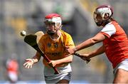 7 August 2022; Caitlin Heggarty of Antrim in action against Tierna Maguire of Armagh during the Glen Dimplex All-Ireland Premier Junior Camogie Championship Final match between Antrim and Armagh at Croke Park in Dublin. Photo by Piaras Ó Mídheach/Sportsfile