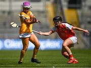 7 August 2022; Anna McNeill of Antrim in action against Michelle McArdle of Armagh during the Glen Dimplex All-Ireland Premier Junior Camogie Championship Final match between Antrim and Armagh at Croke Park in Dublin. Photo by Piaras Ó Mídheach/Sportsfile