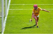 7 August 2022; Antrim goalkeeper Aine Grahan watches as the sliotar hits the goalpost during the Glen Dimplex All-Ireland Premier Junior Camogie Championship Final match between Antrim and Armagh at Croke Park in Dublin. Photo by Seb Daly/Sportsfile