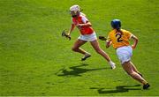 7 August 2022; Rachael Merry of Armagh in action against Maria McLarnon of Antrim during the Glen Dimplex All-Ireland Premier Junior Camogie Championship Final match between Antrim and Armagh at Croke Park in Dublin. Photo by Seb Daly/Sportsfile